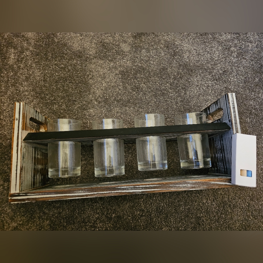 Torched wood beer flight board serving set with chalkboard panels and 4 glasses